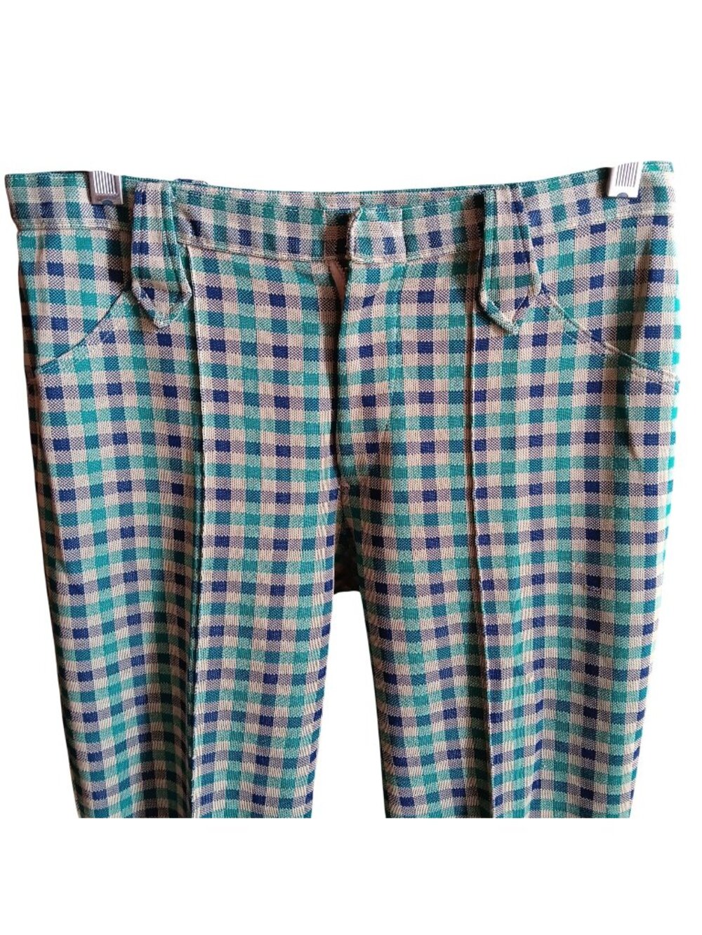 Vintage Cowgirl Mod Bellbottom Pants 28x32 1960's Lasso Wester Green Gingham